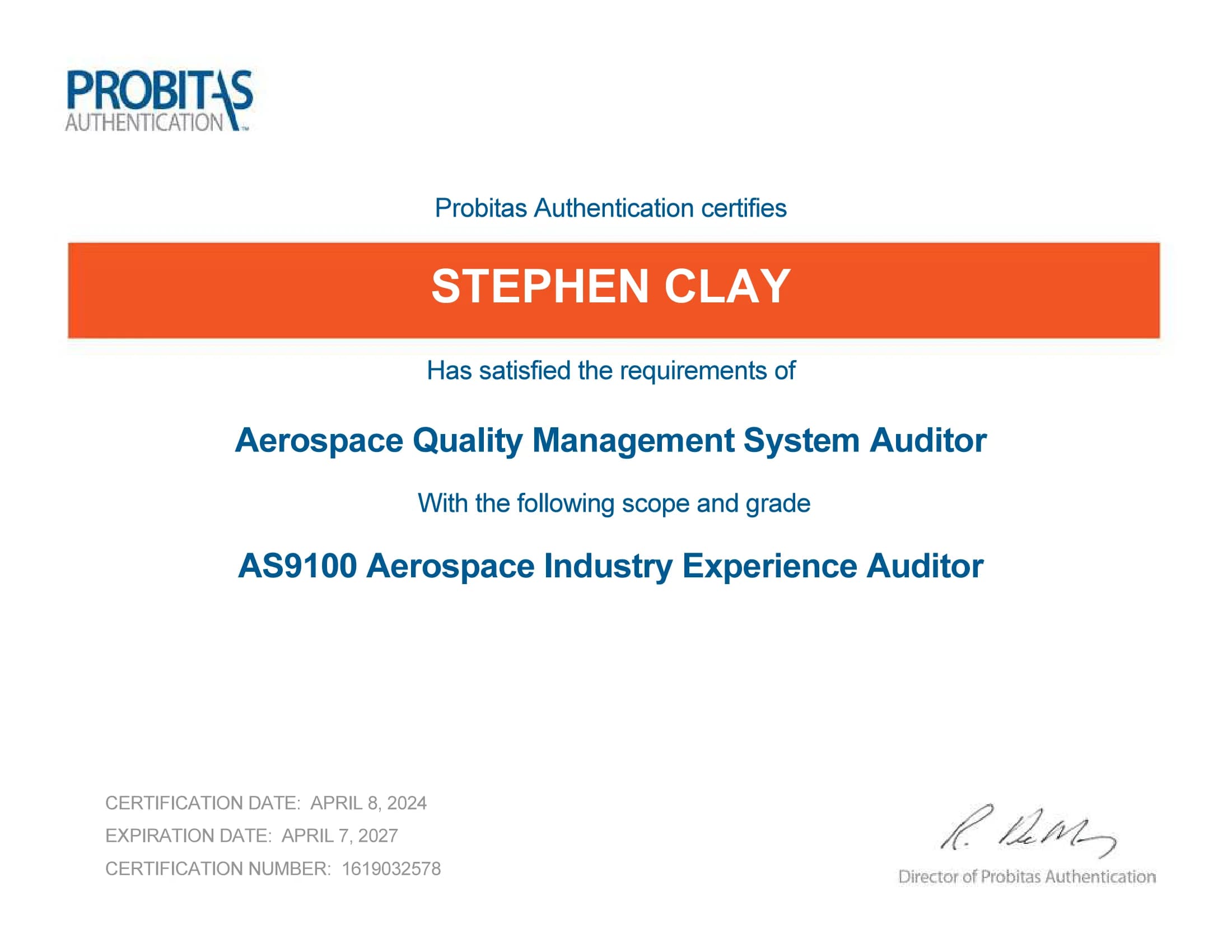 AS9100 Aerospace Industry Experience Auditor