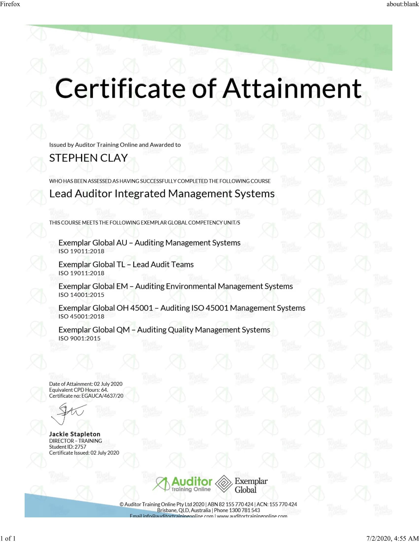 Exemplar Global  ISO14001, ISO45001, ISO19011, ISO9001