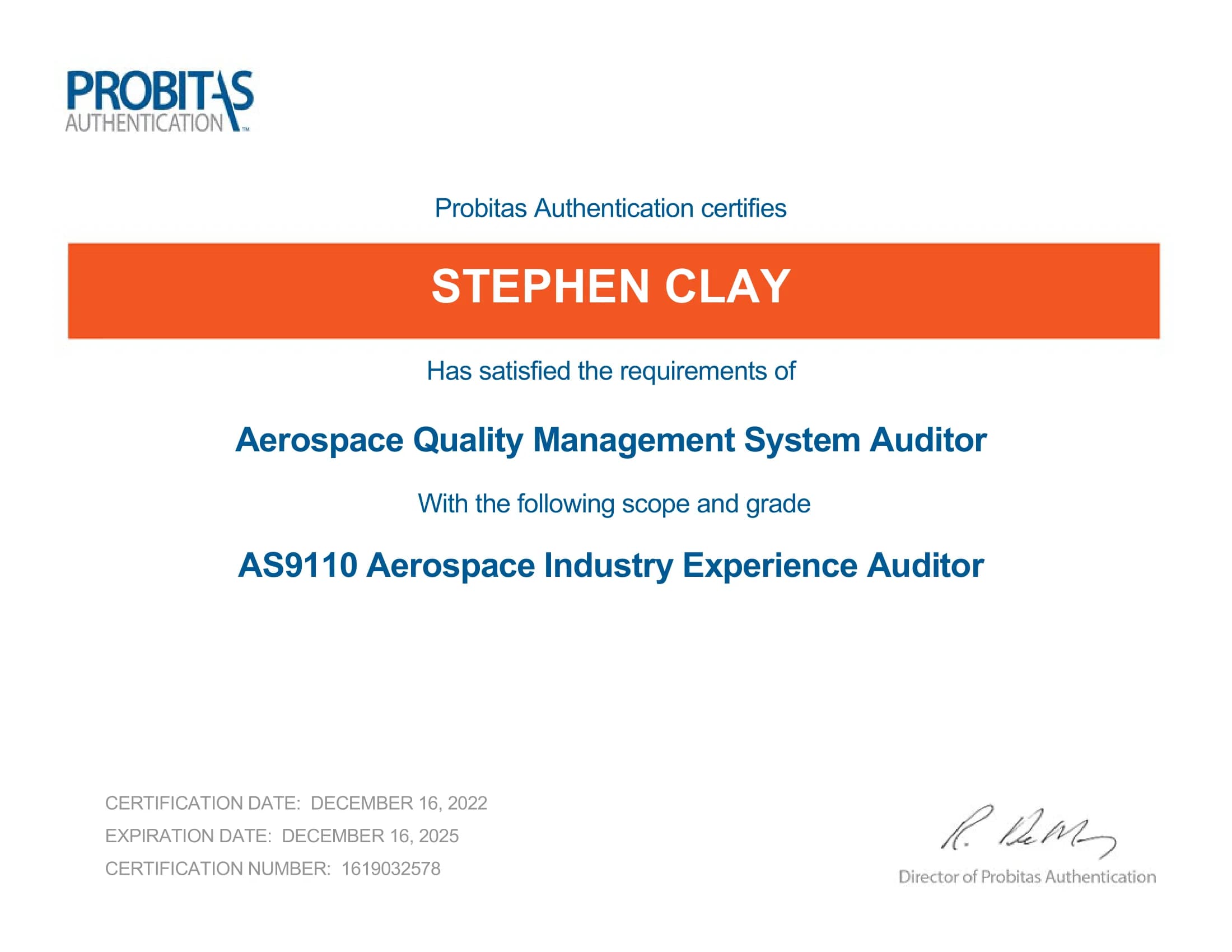 AS9110 Aerospace Industry Experience Auditor