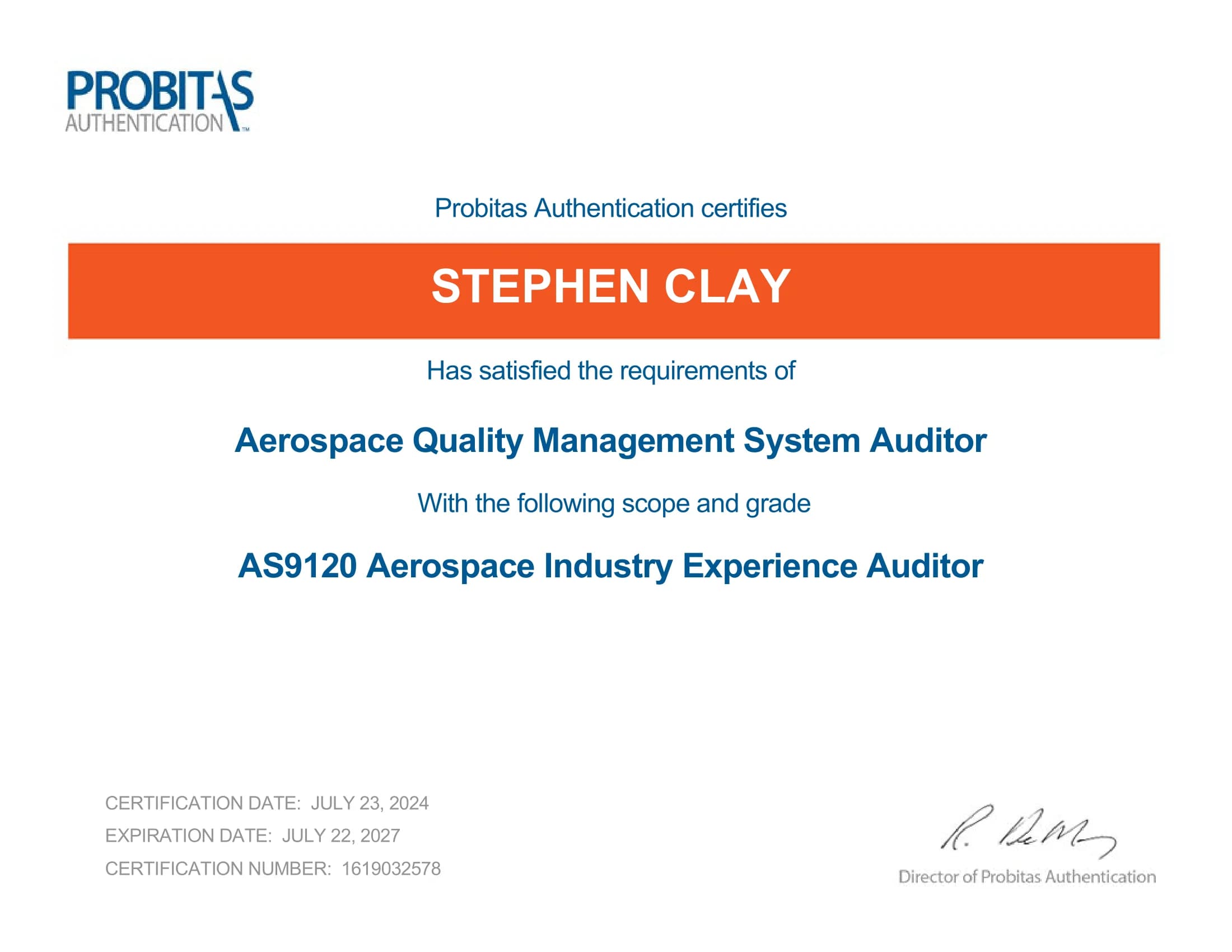 AS9120 Aerospace Industry Experience Auditor